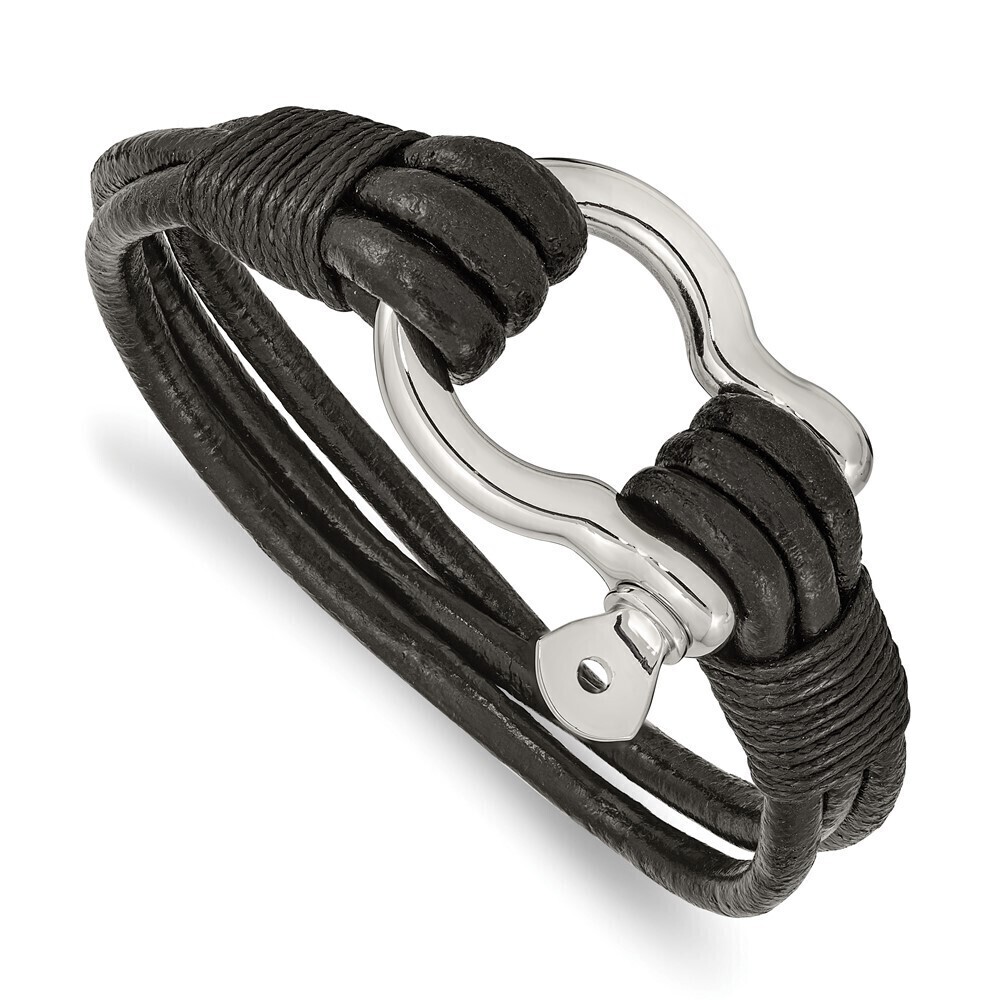 Kazi Luxury Steel Polished Shackle Multi Str& Black Leather 8.5in Bracelet